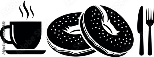 Silhouette of coffee cup and bagels with utensils