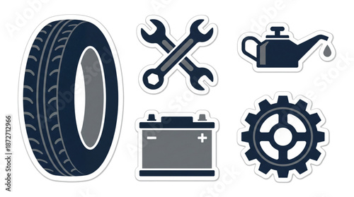 Car service and auto mechanic sticker icons. Tire, wrench tools, oil can, battery, and gear wheel illustration.