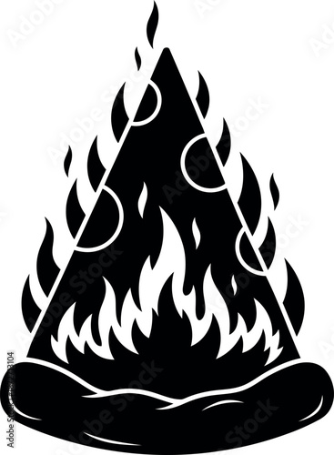 Silhouette of a burning campfire with flames rising high