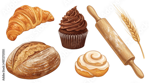 Fresh bakery and pastry products set. Croissant, chocolate cupcake, bread loaf, rolling pin, and wheat illustration.