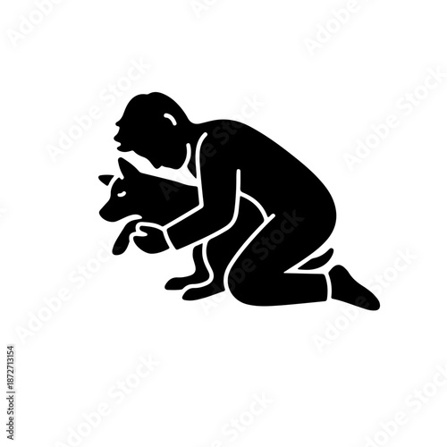 icon of a person sleeping while hugging or lying next to their loyal dog. represents companionship, unconditional love, and the emotional support shared between a street sleeper and their pet amidst 