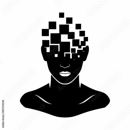Abstract Human Head Dissolving into Digital Cubes.