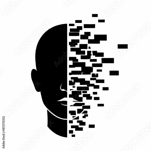 Abstract Silhouette of a Human Head Dissolving into Pixels.