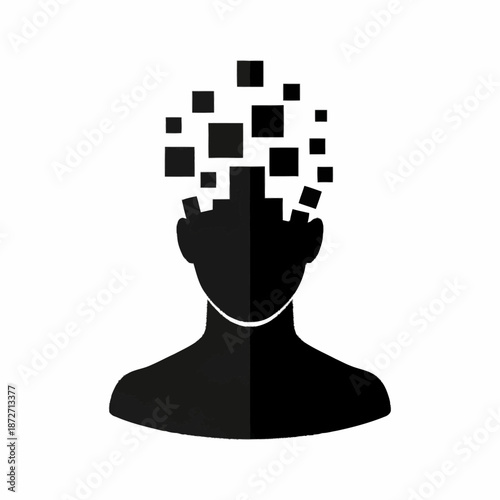 Digital Mind Concept Silhouette Dissolving into Cubes.