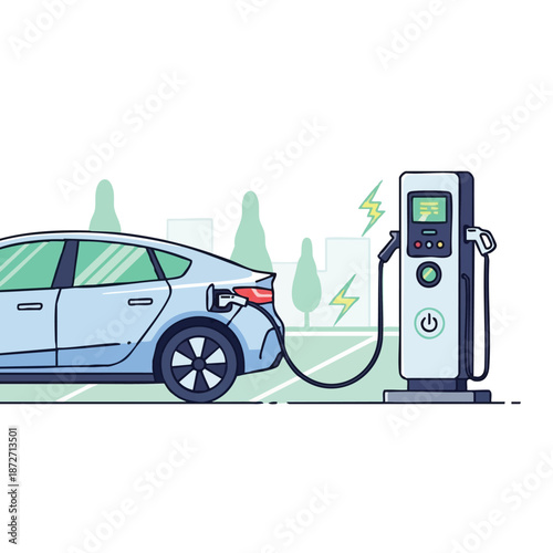 Electric car charging at public charging station.