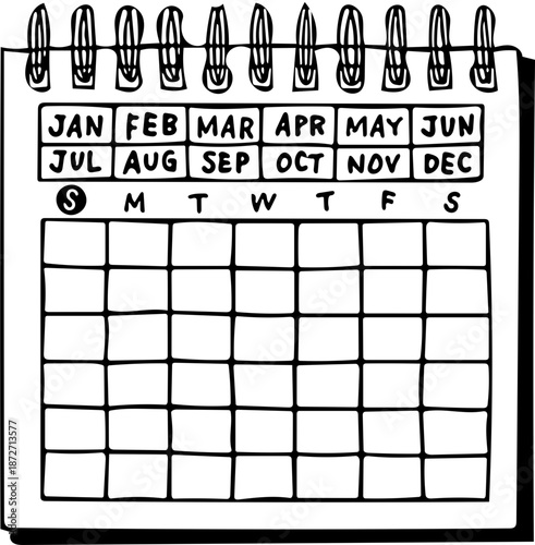 Hand drawn calendar illustration showing blank grid for scheduling days, months, and weeks