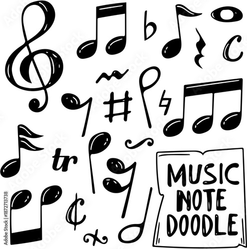 Charming hand-drawn music notes and symbols doodle set, featuring various musical notations and elements for creative design