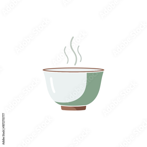 A digital illustration of a steaming bowl with a white and green body, brown rim, and base, presented on a plain white background. Perfect for food blogs, recipe websites, and culinary