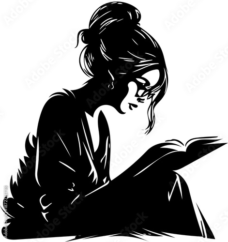 Silhouette of a young woman absorbed in reading a book, illustrating concentration and intellectual pursuit