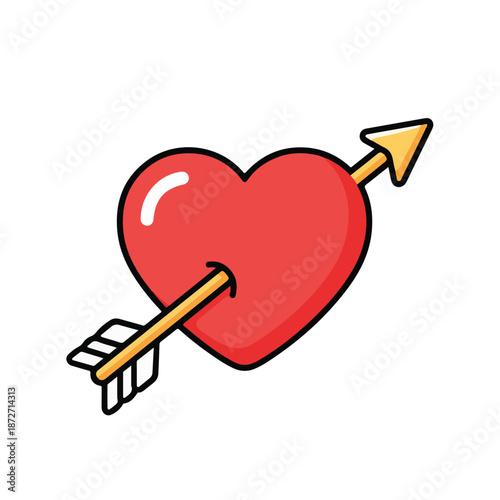 A cartoon-style red heart pierced by a golden arrow with white fletching on a plain white background. Perfect for Valentine's Day, love-themed designs, and romantic illustrations.