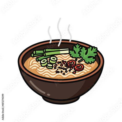A steaming bowl of ramen with noodles, vegetables, and herbs in a brown ceramic bowl on a white background. Perfect for food blogs, restaurant menus, and culinary websites.