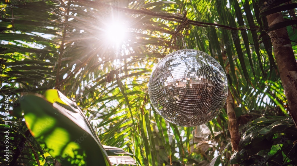 Obraz premium Sparkling mirrored sphere hangs amidst dense tropical foliage under bright sunlight