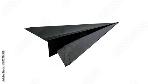 A sleek, dark paper airplane, sharply folded, against a stark black backdrop