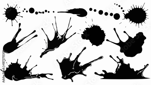 Collection of Black Ink Splatter and Drops Isolated on White Background.