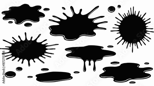 Collection of Black Ink Splatters and Blobs Isolated on White.
