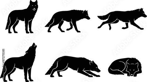 Silhouettes of wolves in various postures and actions are illustrated.