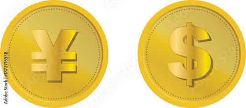 US dollar, Japanese yen golden color coin, flat art 3d vector, scalable gradient 