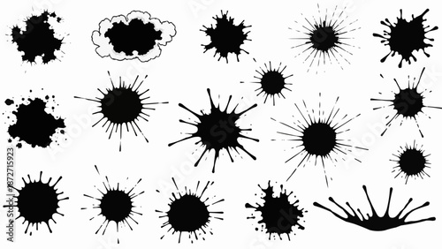 Collection of black ink splatters and splashes on white background.