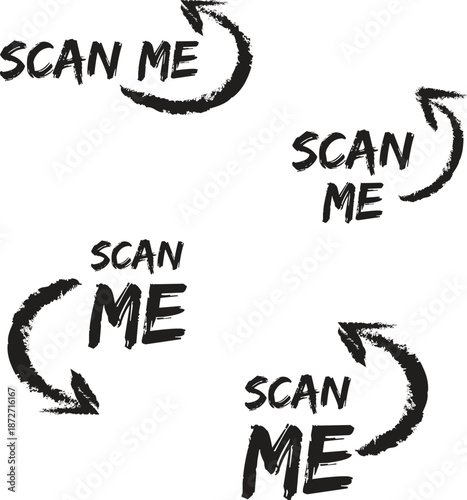 scan here, scan me tag for web, pointing arrow QR code vector, flat art, scalable illustration icon 