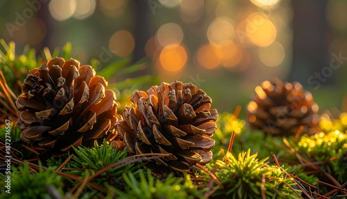 Close-up of pine cones resting on green moss and needles, sunlight filtering through trees in the blurred background