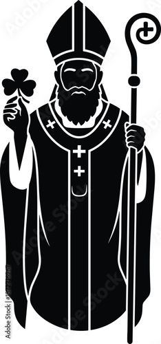 St. Patrick Holding Shamrock and Crosier Illustration, Silhouette, Vector, Line Art