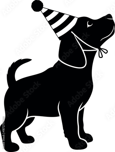Silhouette of a dog wearing a party hat