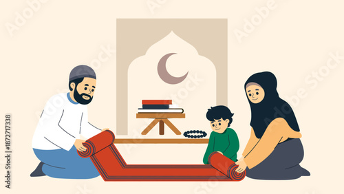 Family Preparing for Ramadhan Prayer at Home with Serenity and Tranquility