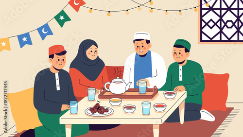 Family Gathering for Ramadhan Iftar in a Cozy Living Room Scene