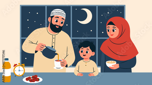Family Preparing Suhoor Meal Together During Ramadhan Before Dawn
