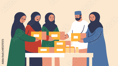Community Ramadhan Iftar Distribution Event Illustration Showing Charity and Togetherness