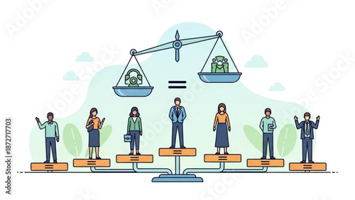 Diverse people standing on scales balanced by equality concept representing fairness and justice in society vector illustration