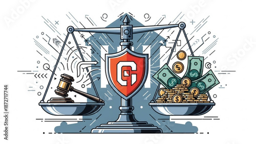 Scales of justice balancing gavel and money concept of legal fees and financial law illustration for business and finance