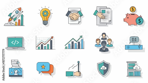Collection of Business and Finance Icons with Growth and Success Symbols.