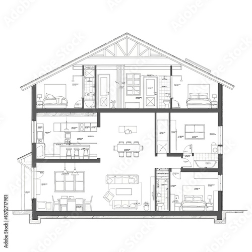 architectural cross section blueprint showcasing multi-level residential building interior floor plans and room layouts for modern home design projects.