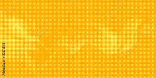 Yellow halftone pattern. Retro comic gradient background. Bright orange pixelated dotted texture overlay. Cartoon pop art faded gradient pattern. Vector backdrop for poster, banner, advertisement
