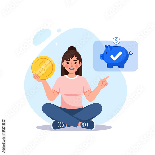 financial planning by woman holding dollar coin pointing to piggy bank illustrating money saving for long-term investment goals.