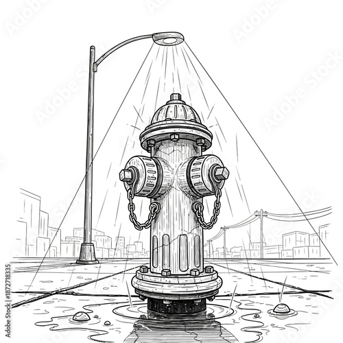fire hydrant illustration on a dark and rainy city street at night under a street lamp creating a moody urban scene for design projects