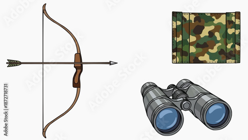 Hunting gear illustration featuring bow, arrow, binoculars, and camouflage pattern on a white background from a straightforward viewpoint
