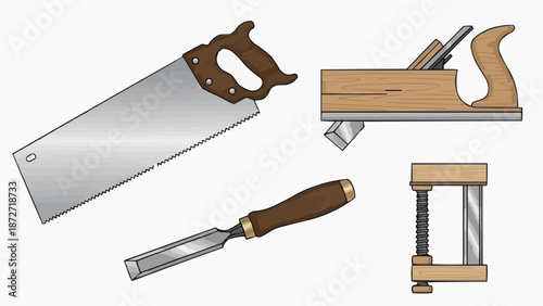 Various carpentry tools including handsaws and a clamping device displayed on a plain white background