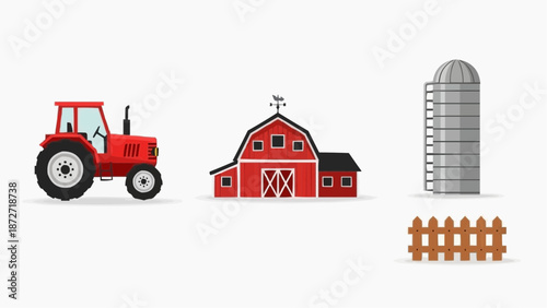 A red tractor, barn, and silo stand beside a fence in a rural landscape viewed from the side.