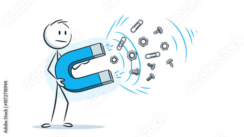 Man Attracting Objects with Large Magnet.