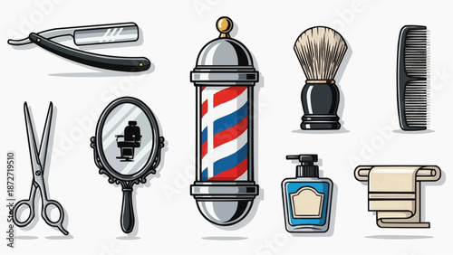 Barber shop tools and equipment including pole, scissors, and brush displayed neatly on a clean background for a professional grooming setup