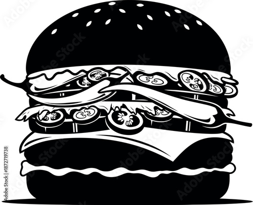 Silhouette of a large hamburger with multiple toppings