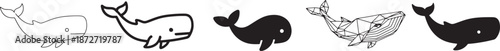 Collection of five whale icon designs in different styles including minimalist outlines and geometric art Vector