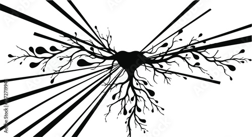 Abstract black ink bursting from heart-shaped roots, symbolizing growth and connection