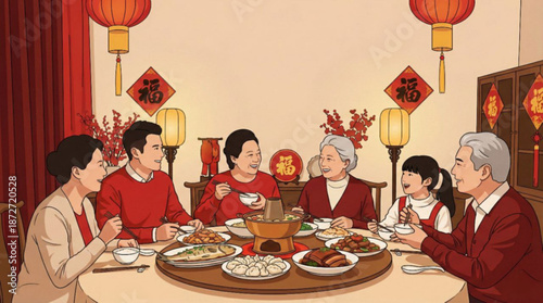 Vector illustration : portrait of happy multi-generational Asian family reunion, decorated festive home - Chinese New Year dinner, Lunar celebration, gathering, togetherness, luck