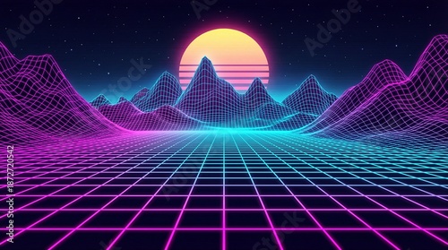 Synthwave retro landscape with neon grid and glowing sun. 80s futuristic sci-fi background.