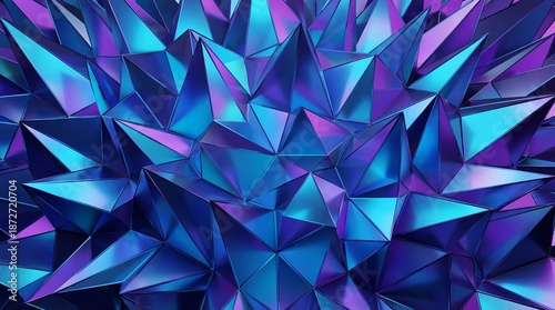 Abstract blue and purple geometric crystal spikes background. 3D low poly sharp facet texture
