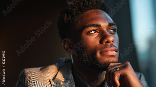 Thoughtful Black Man in Casual Business Blazer – 3/4 Profile View, Warm Rim Lighting from Back, Soft Blurred Background, Introspective Expression, Professional Creative Portrait 
