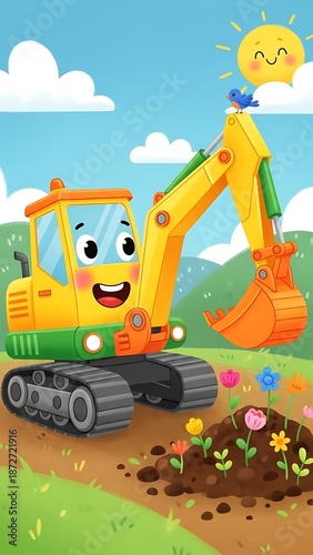 Excavator cartoon character planting flowers outdoors.